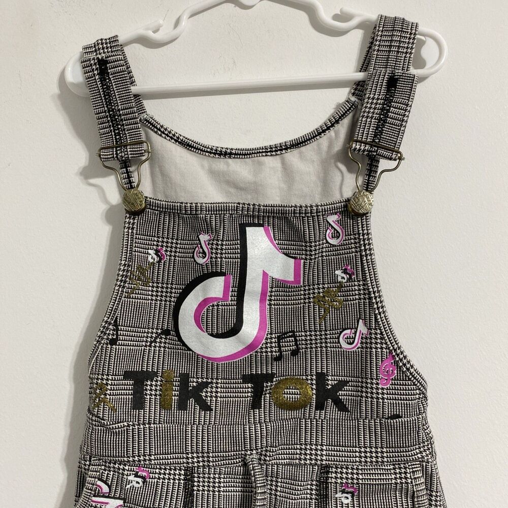 TikTok Overall Dress Toddler Girls 2T Black White Pink Gold Plaid Houndstooth - Picture 2 of 4